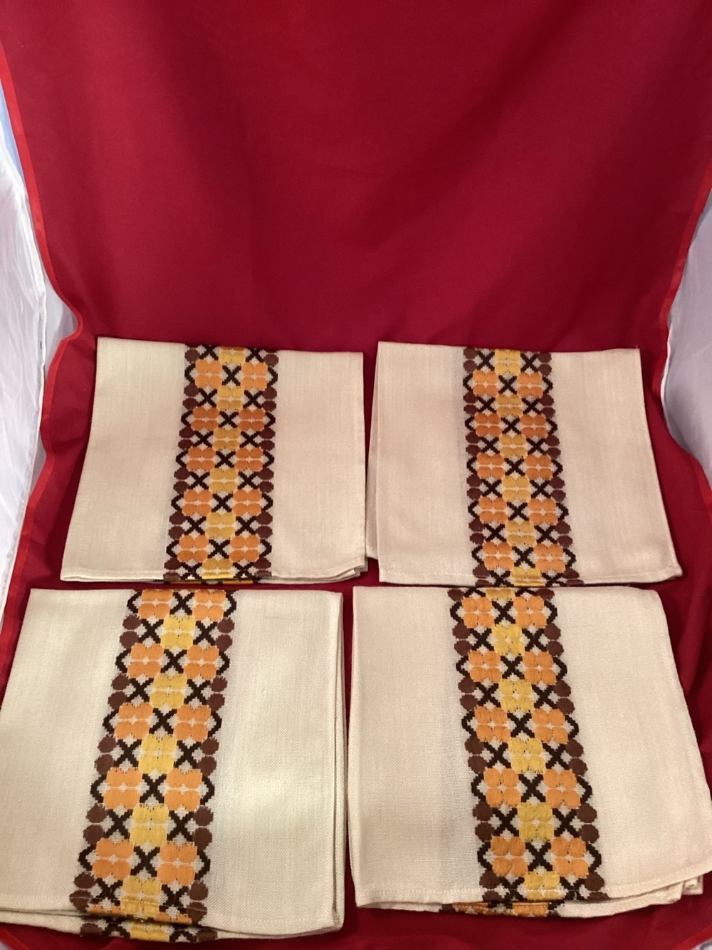 Cream Napkins with Orange and Brown Embroidered Stripe - Set of 4